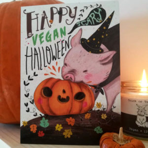 Immagine cartolina vegan halloweenn con zucca