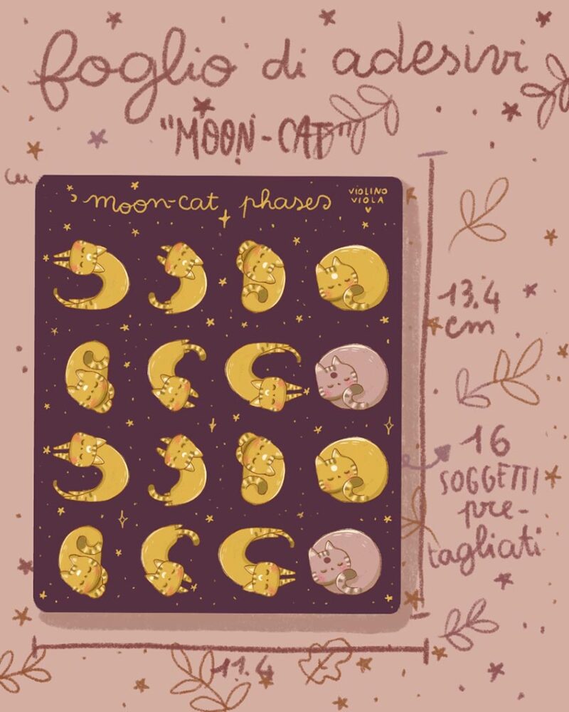 foglio di adesivi gatto luna